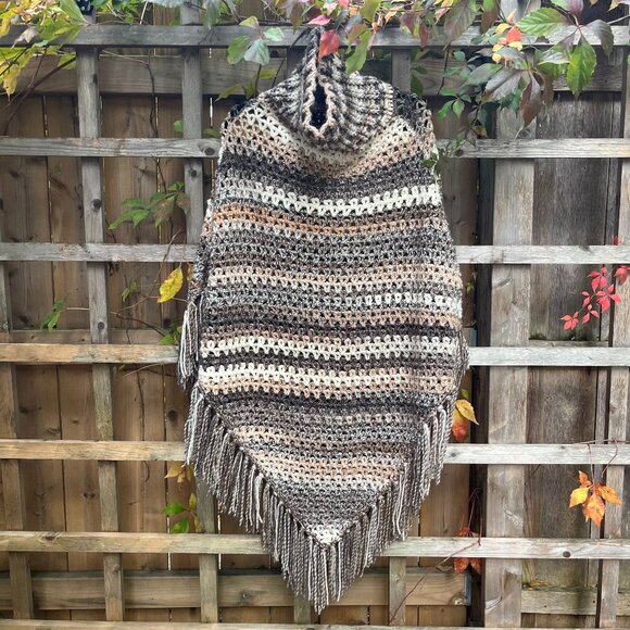 Vintage Hand-Crocheted Fringe Poncho – Neutral Stripes - Picture 1 of 3